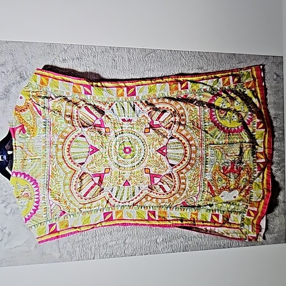 Slip Dress Women Medium Indian Abstract Fuchsia Pink Green Side Slits - Picture 2 of 7